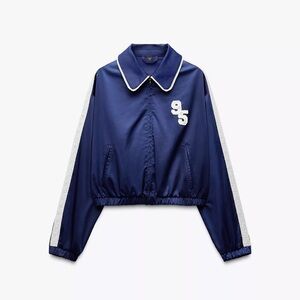 Zara Navy Blue Bomber Jacket with White Accents